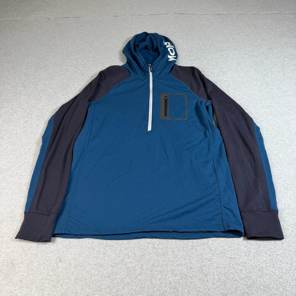 Mons Royale Merino Wool Hoodie Mens Large Blue 1/2 Zip Base Layer Ski Hike Cycle